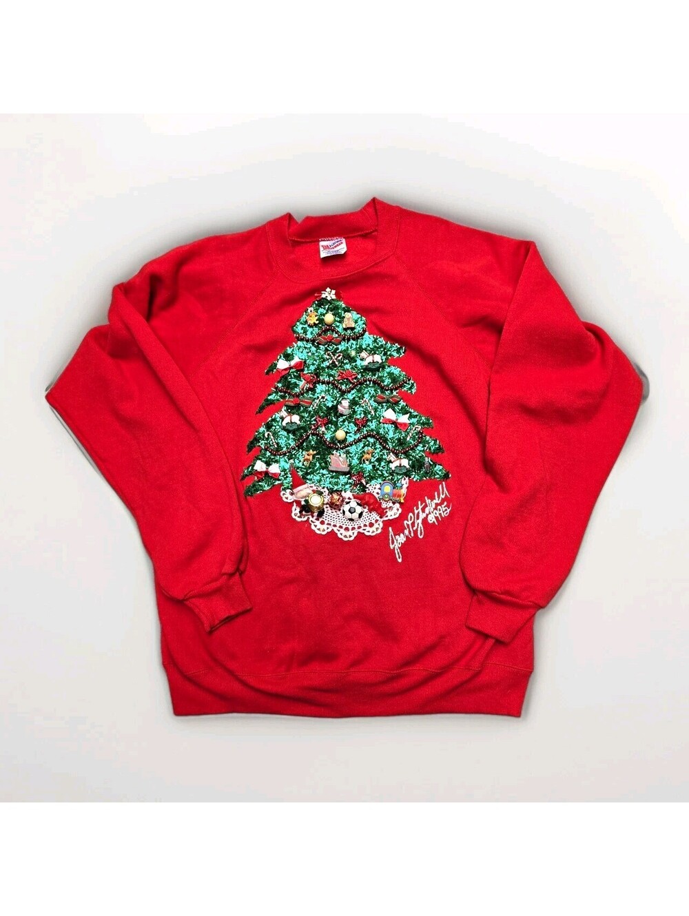Vintage 1995 Joan Studwell Handmade 3D Embellished Christmas Tree Sweatshirt